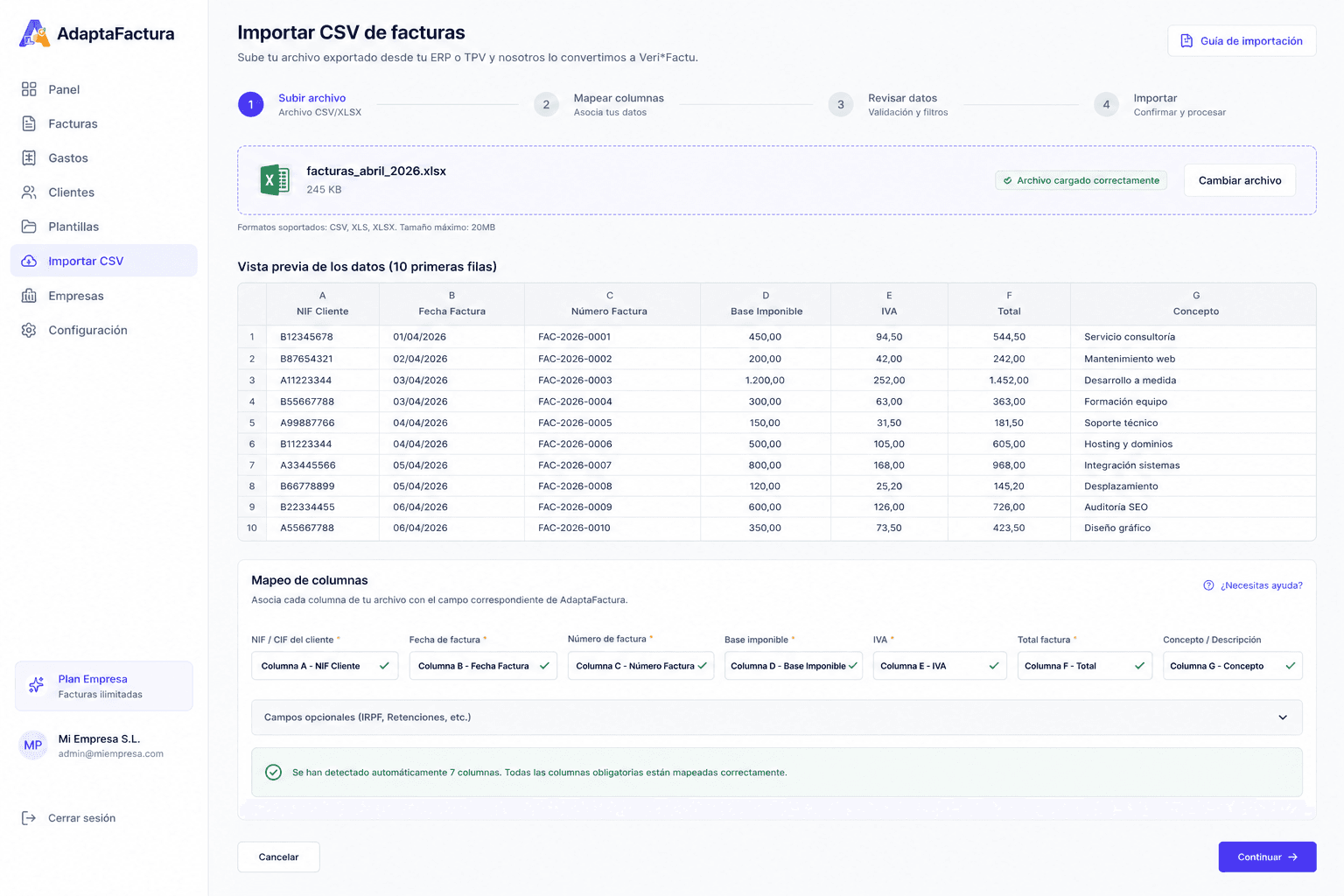 Pantalla Web de Importación y Mapeo Inteligente de Columnas CSV